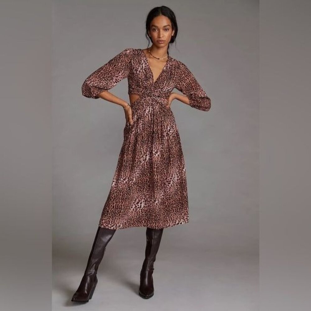 NWT Anthropologie Ranna Gill Leopard Print Cut-Out Midi Dress Size Medium M